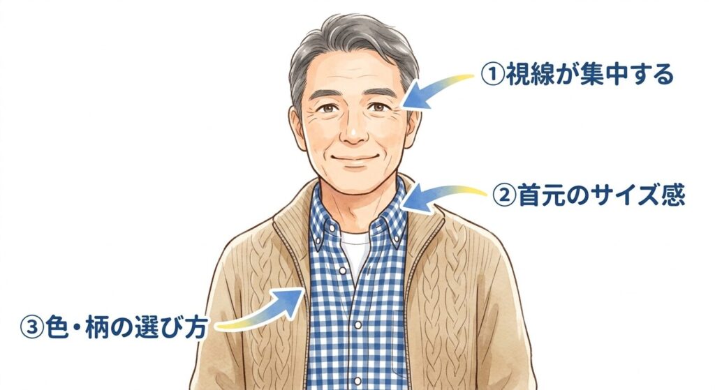 50代60代男性の清潔感がシャツで決まる3つの理由を示した解説イラスト