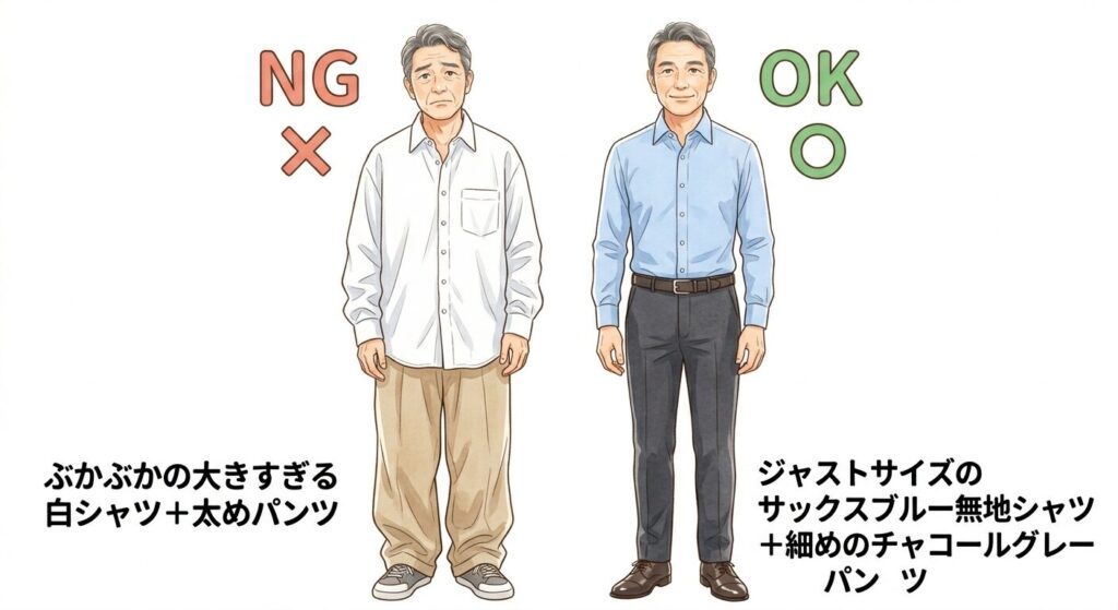 50代60代男性のシャツ選びによる縦ラインコーデの良い例と悪い例の比較イラスト