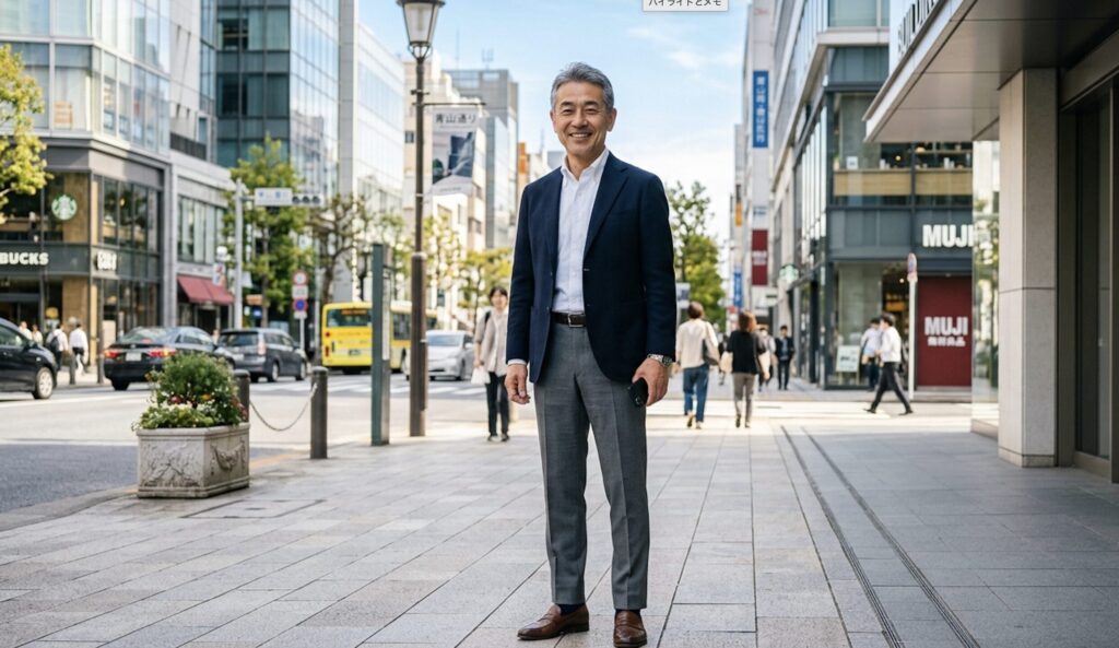 清潔感のある60代男性｜ネイビージャケットと白シャツの着こなし