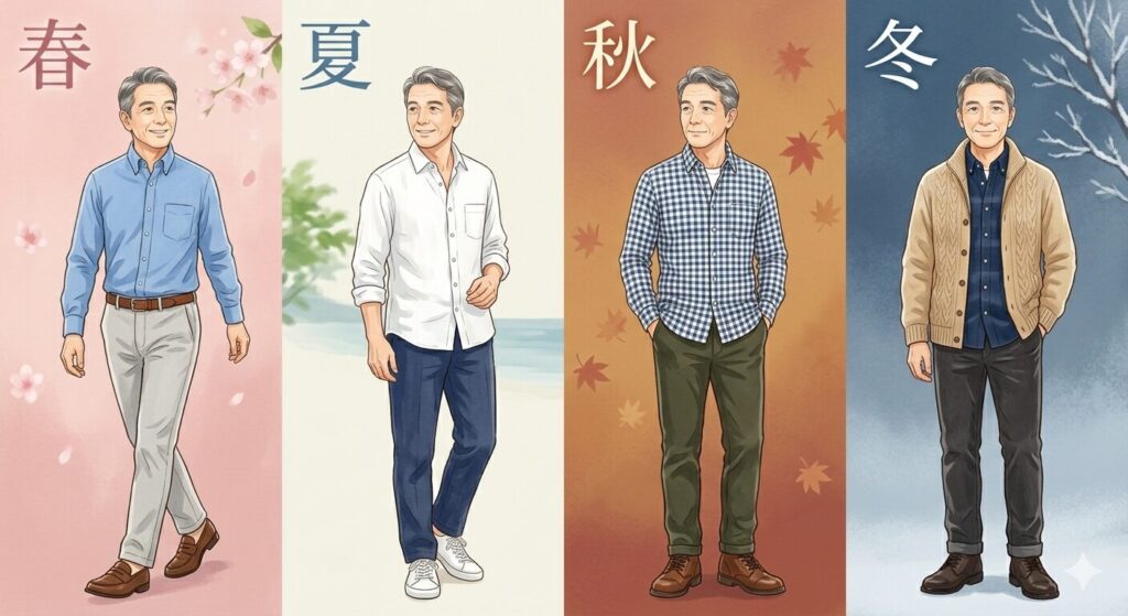 50代60代男性向けの春夏秋冬の季節別シャツコーディネート4パターン