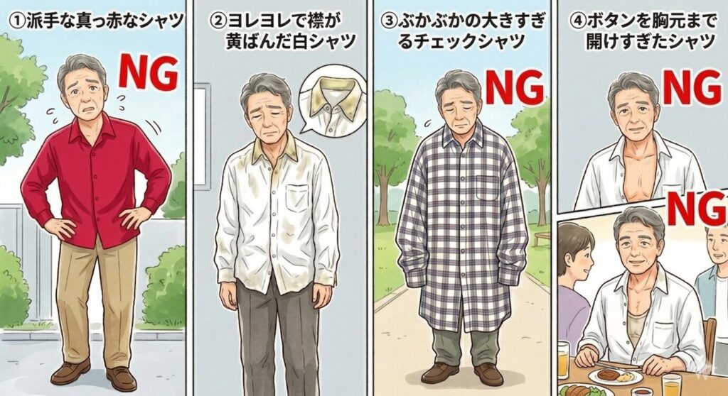 50代60代男性が避けるべきNGなシャツ着こなし例4パターンのイラスト