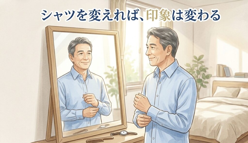 清潔感のあるシャツを着て鏡の前で満足そうに微笑む50代60代男性のまとめイラスト