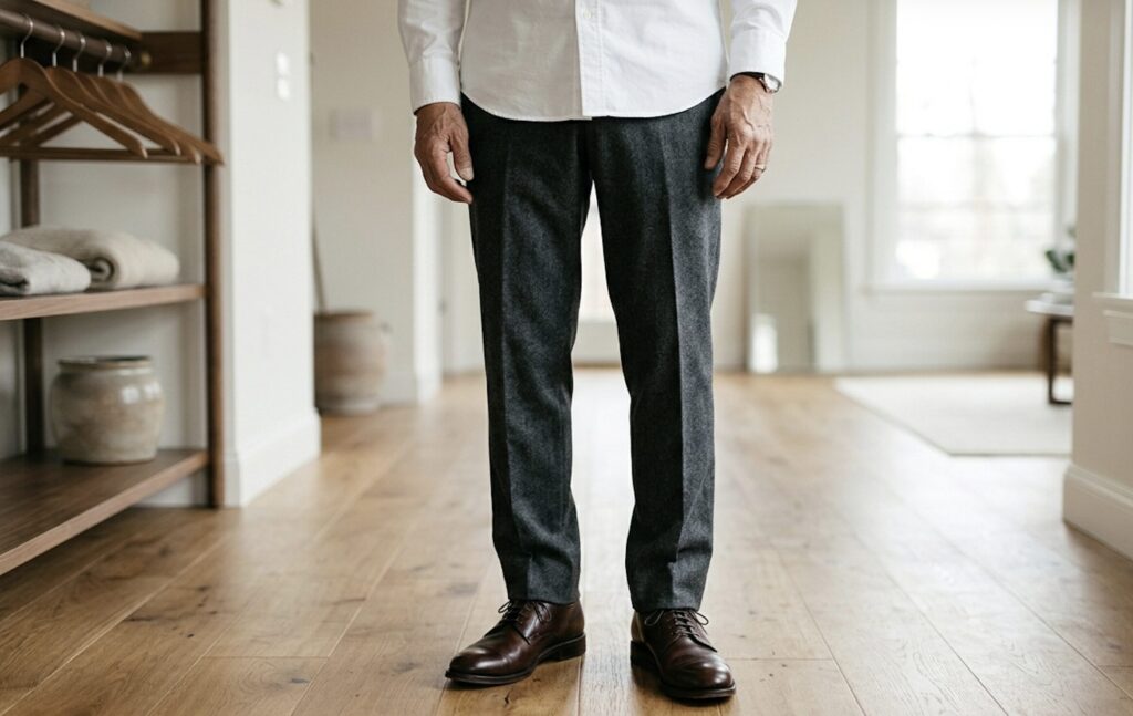 テーパードパンツを履いた60代男性の脚元