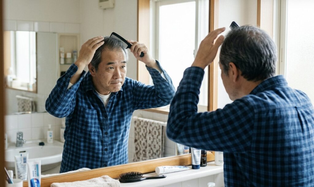 コームを手に自分の髪型を整えながら、似合っているか悩む50代男性