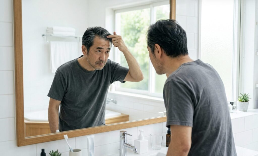 髪の根元の白髪が伸びてきた状態を気にする男性