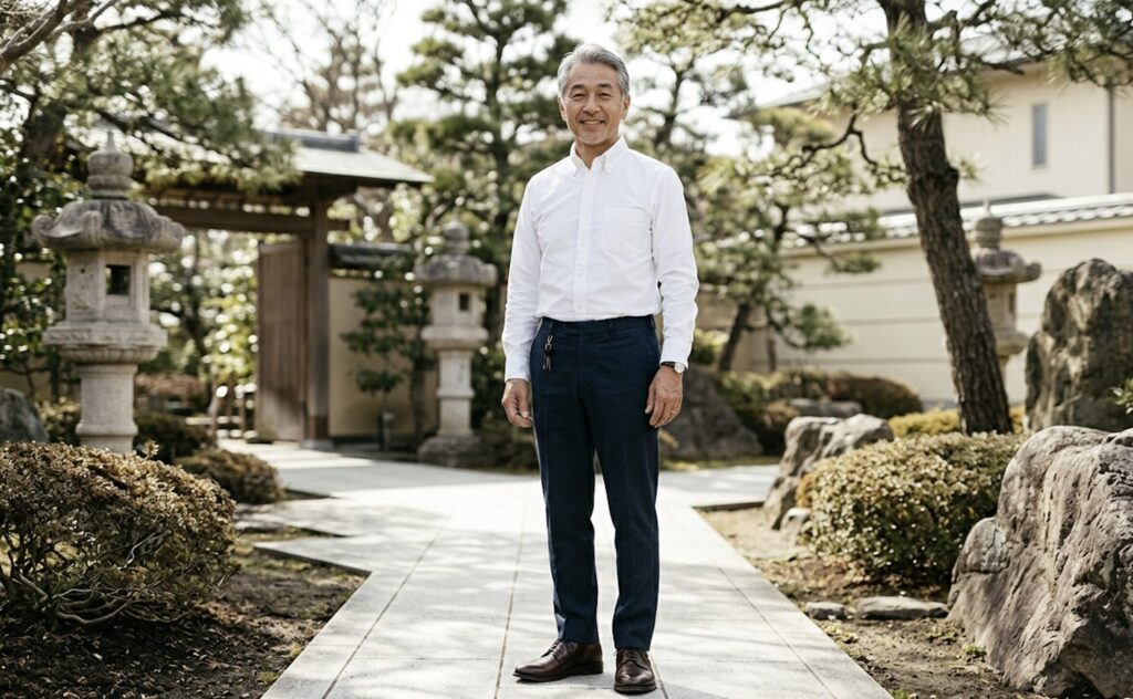 上品なパンツコーデで微笑む60代男性
