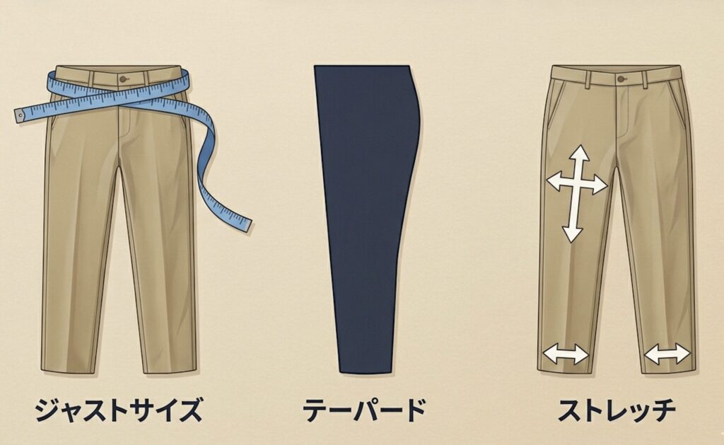 パンツ選び3つの基本ポイント ジャストサイズ・テーパード形状・ストレッチ素材