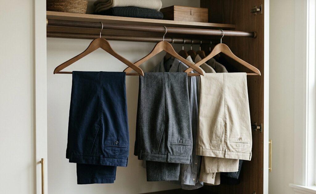 おすすめカラーのパンツ3本（濃紺・チャコール・ベージュ）