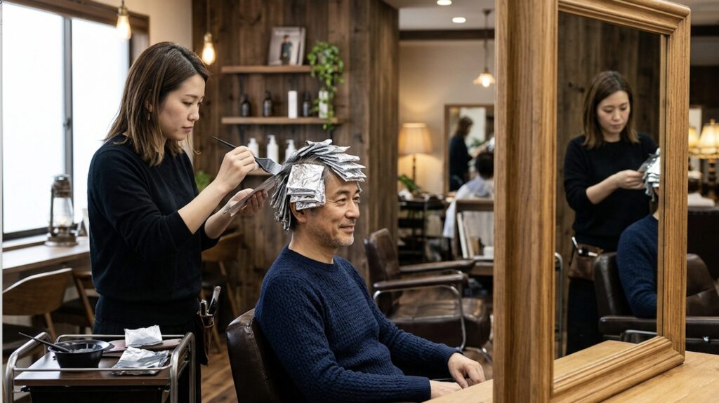 美容室でカラーリングを受ける男性客