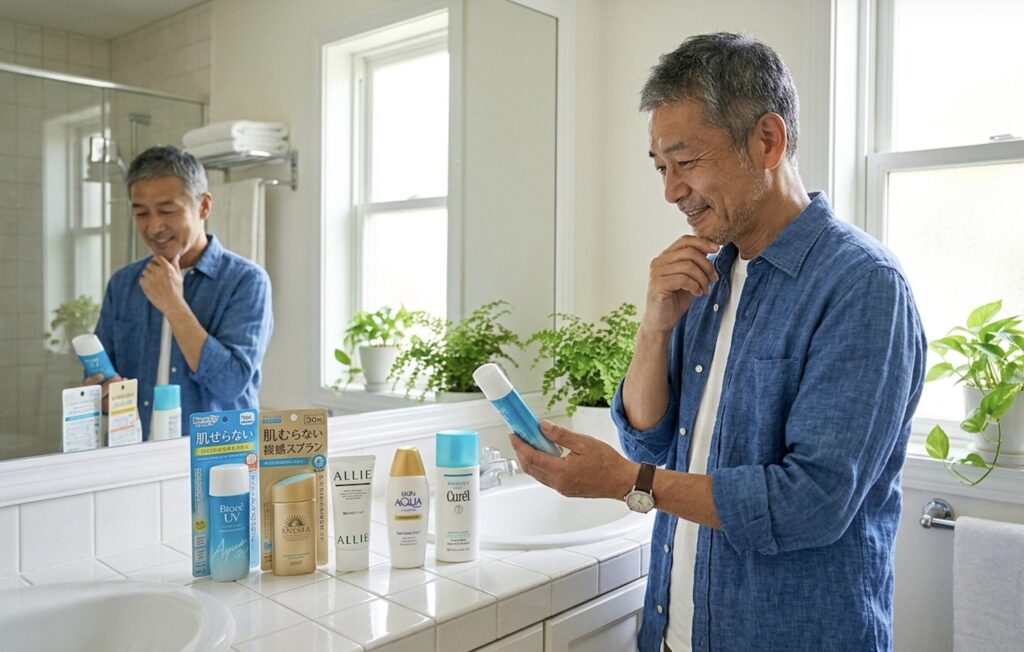 複数の日焼け止めから自分に合うものを選ぶ50代男性