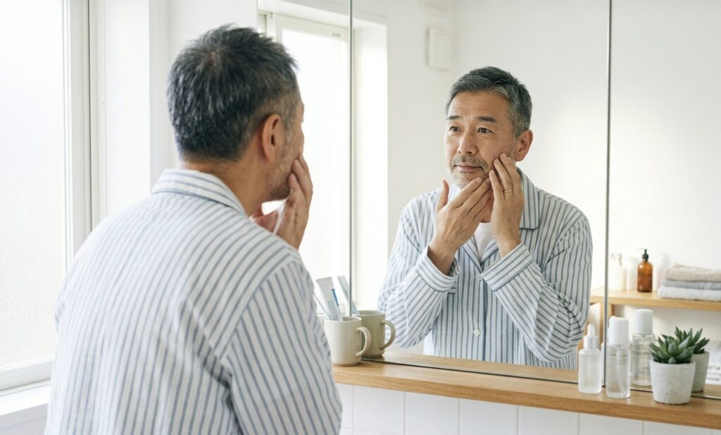 鏡の前で自分の肌のテカリやくすみを気にする50代男性