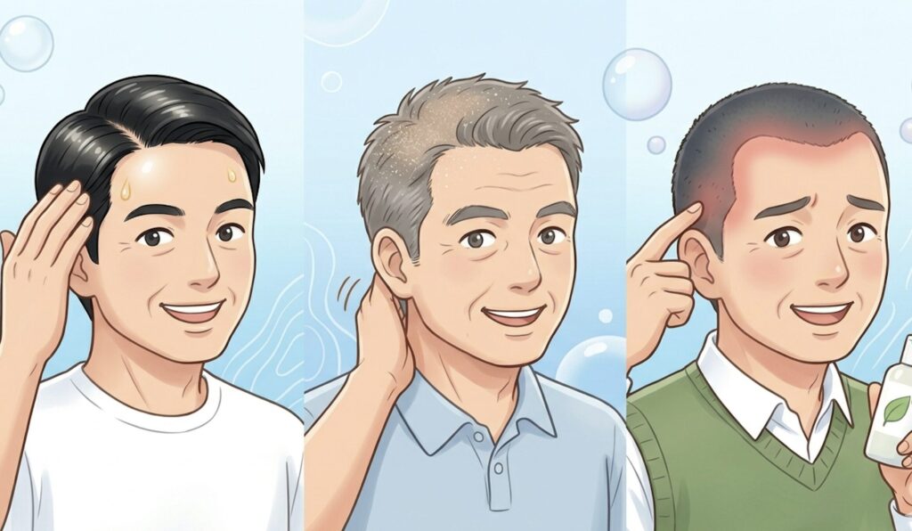 脂性・乾性・敏感の3つの頭皮タイプを比較したイラスト