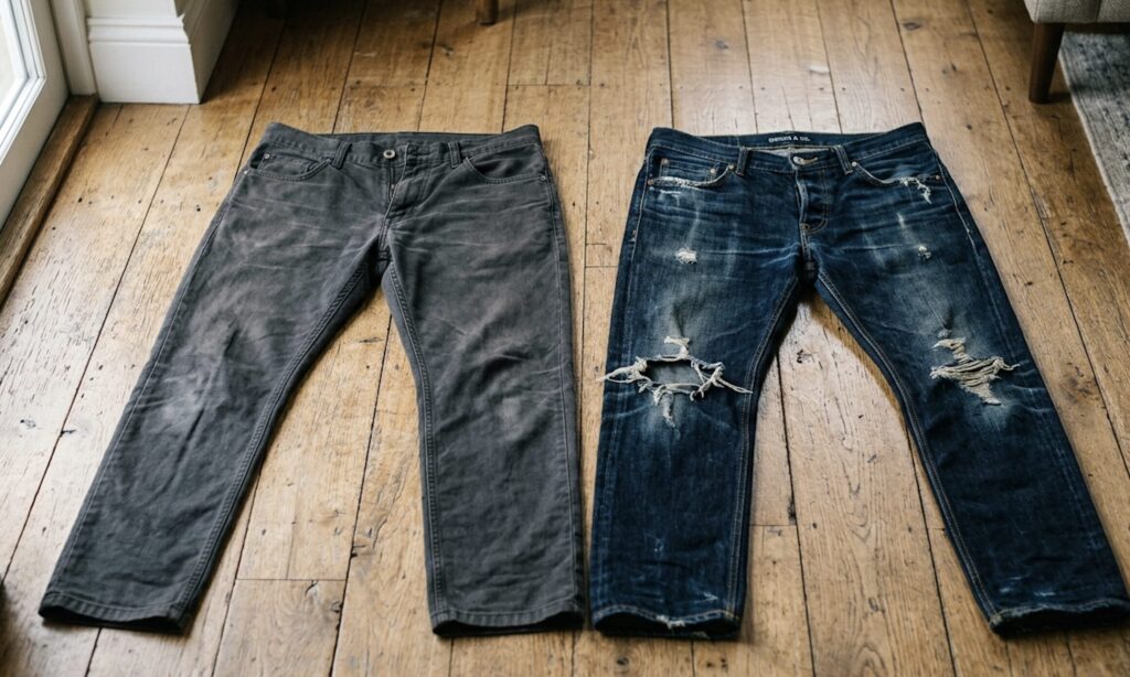 色あせた黒パンツとダメージ加工デニム