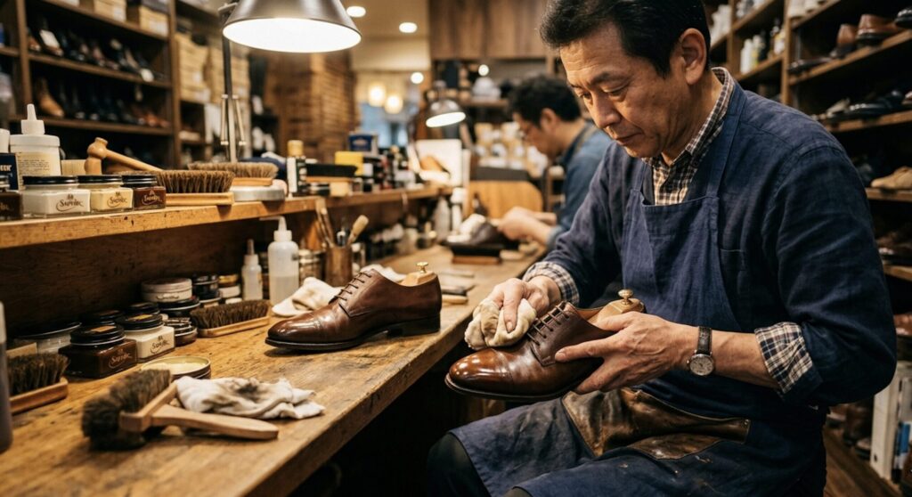 靴磨き専門店でプロに磨いてもらっている革靴