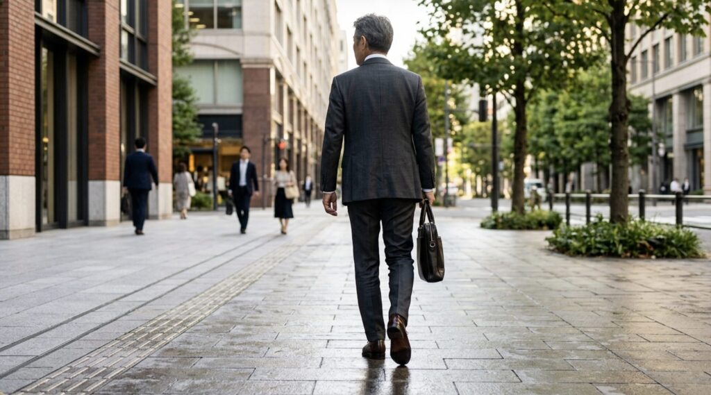 清潔感のある革靴を履いて歩く50代・60代男性