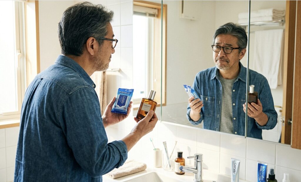 香水とデオドラントシートを手に取り、どちらを使うべきか迷う50代男性