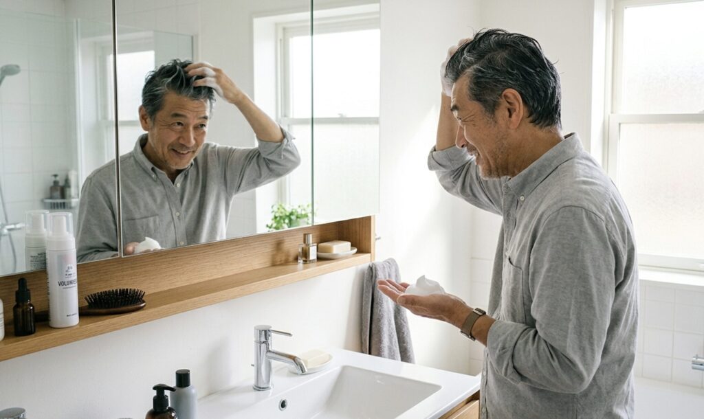 ボリュームフォームを根元になじませる60代男性