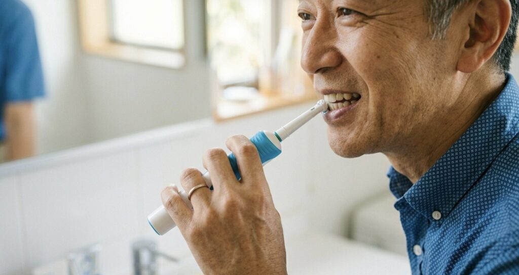 電動歯ブラシをやさしく歯に当てて磨く50代男性