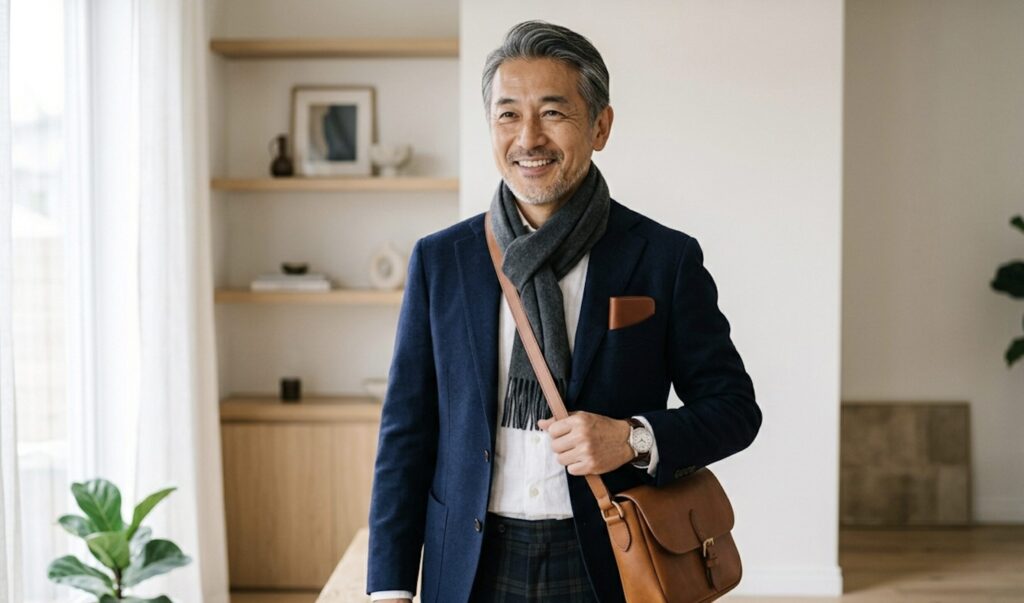 清潔感のある小物で装いを整えた60代男性