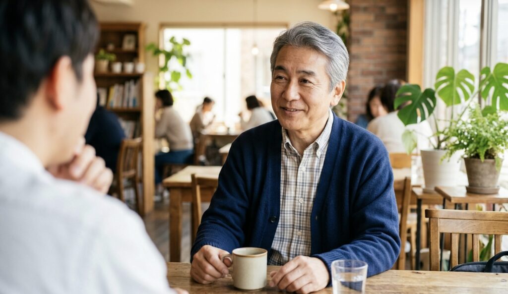 相手の話に軽くうなずいて聞く感じのいい60代男性
