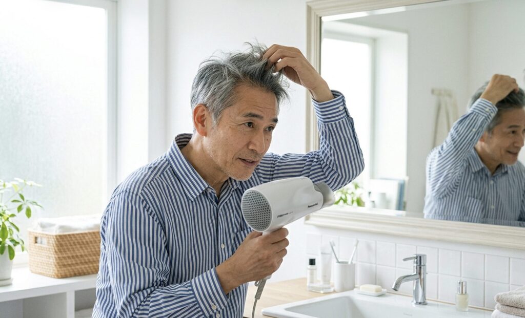 ドライヤーで根元を立ち上げるように乾かす60代男性