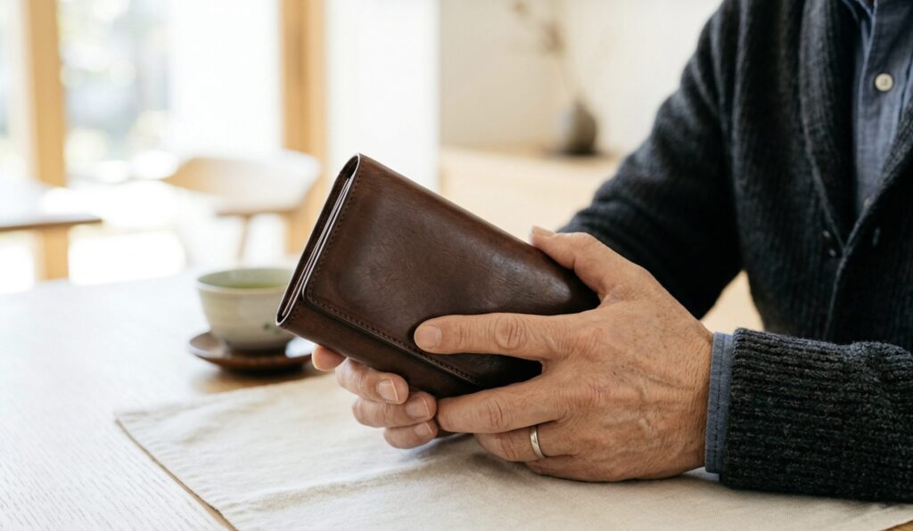 手入れの行き届いた茶色の革長財布を持つ60代男性の手元