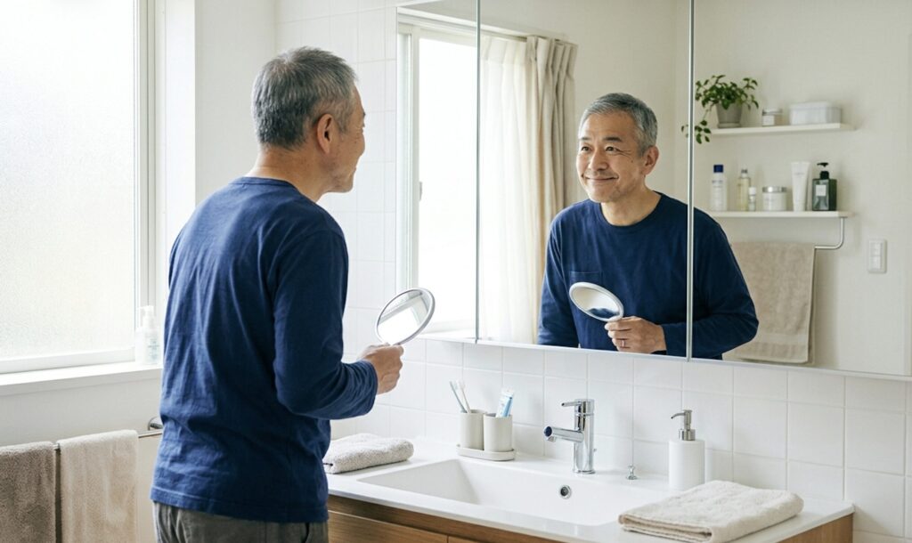 鏡の前で口角を上げる表情の練習をする60代男性