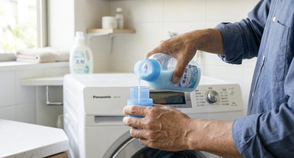 柔軟剤を適量計量する50代男性の手元