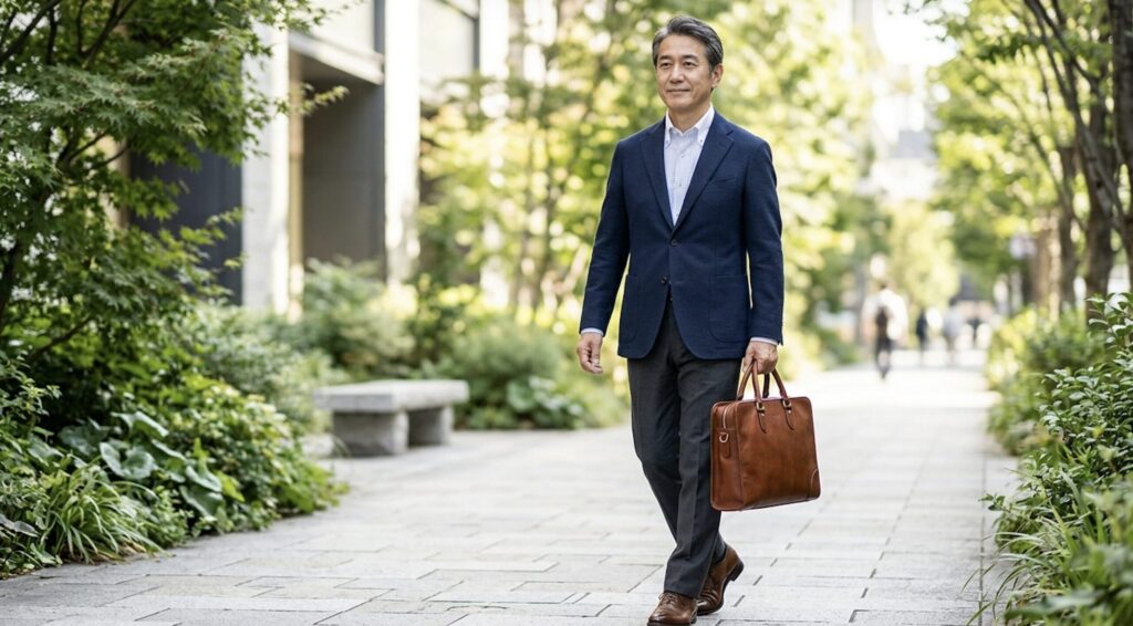 上質なレザーのビジネスバッグを持つ60代男性