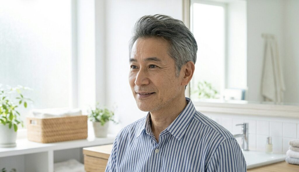 トップに高さを出しサイドをすっきりさせた60代男性の髪型