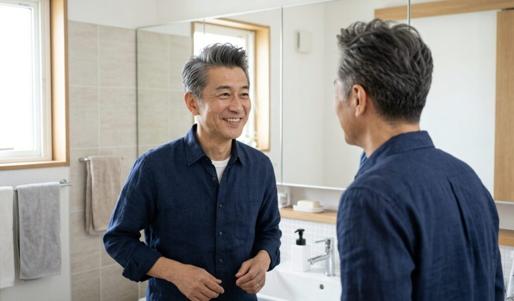 ふんわりボリュームのある髪型に仕上がり満足する60代男性