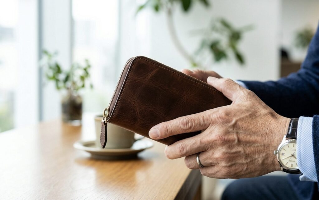 上質な茶色の革長財布を持つ60代男性の手元