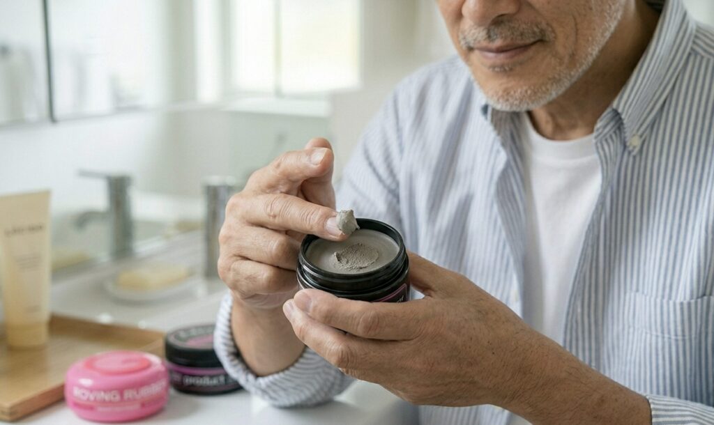 マットワックスを少量指に取る60代男性の手元