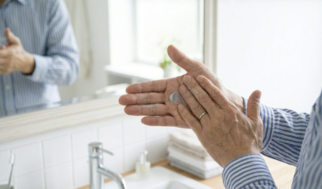 少量のワックスを手のひらにのばす60代男性の手元