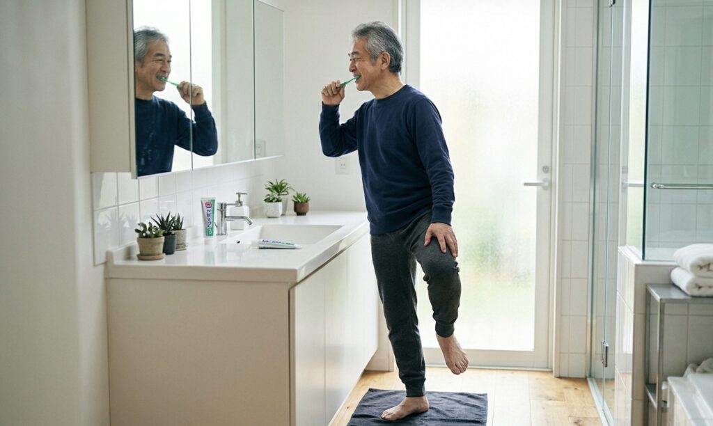 歯磨きしながら片足立ちで「ながら運動」をする50代男性