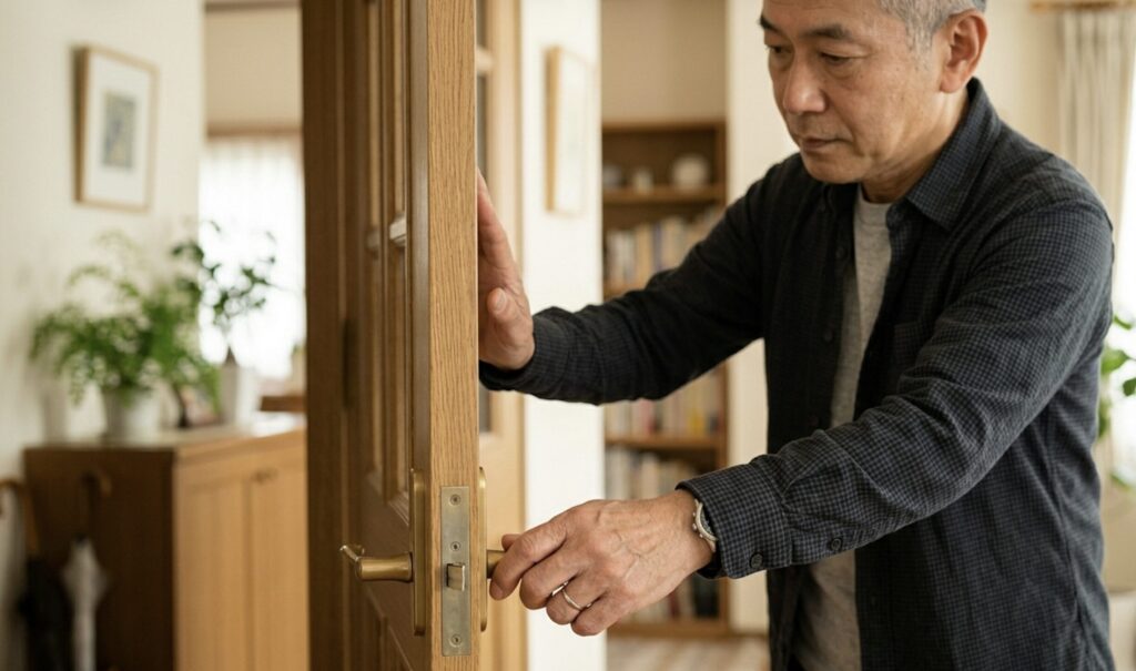 ドアを両手で静かに閉めようとする60代男性の所作