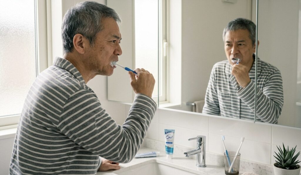 手磨きで歯をていねいに磨く50代男性
