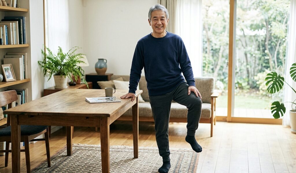 机に手を添えて片足立ちをする50代男性