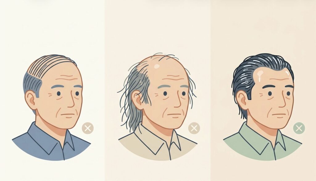 60代の薄毛が老けて見えるNG髪型3パターン（バーコード・伸ばしすぎ・テカり）の解説イラスト