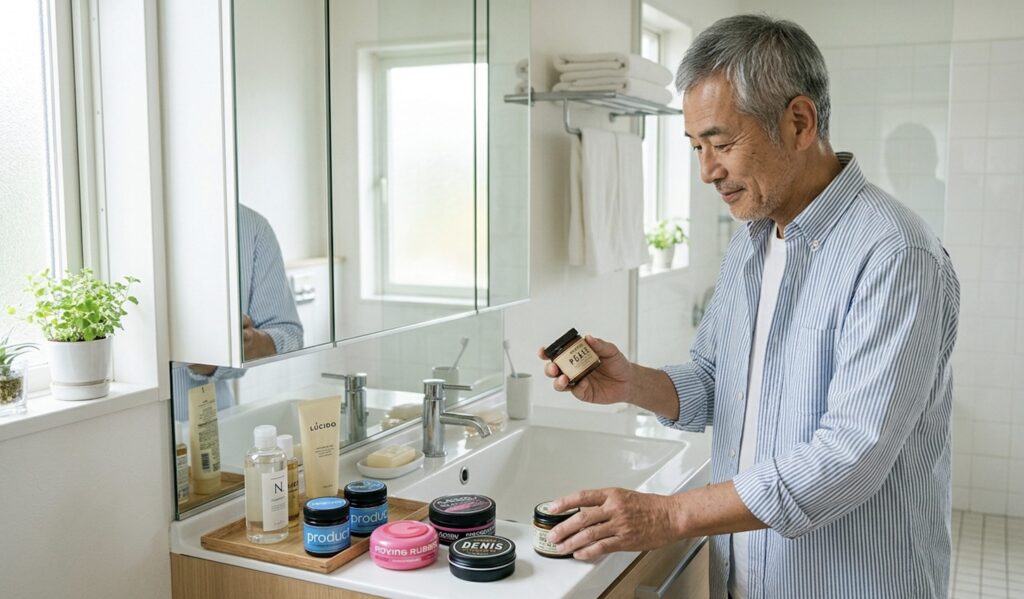 複数のスタイリング剤から自分に合うものを選ぶ60代男性