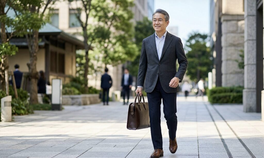 上質なレザーバッグを持つ清潔感のある60代男性