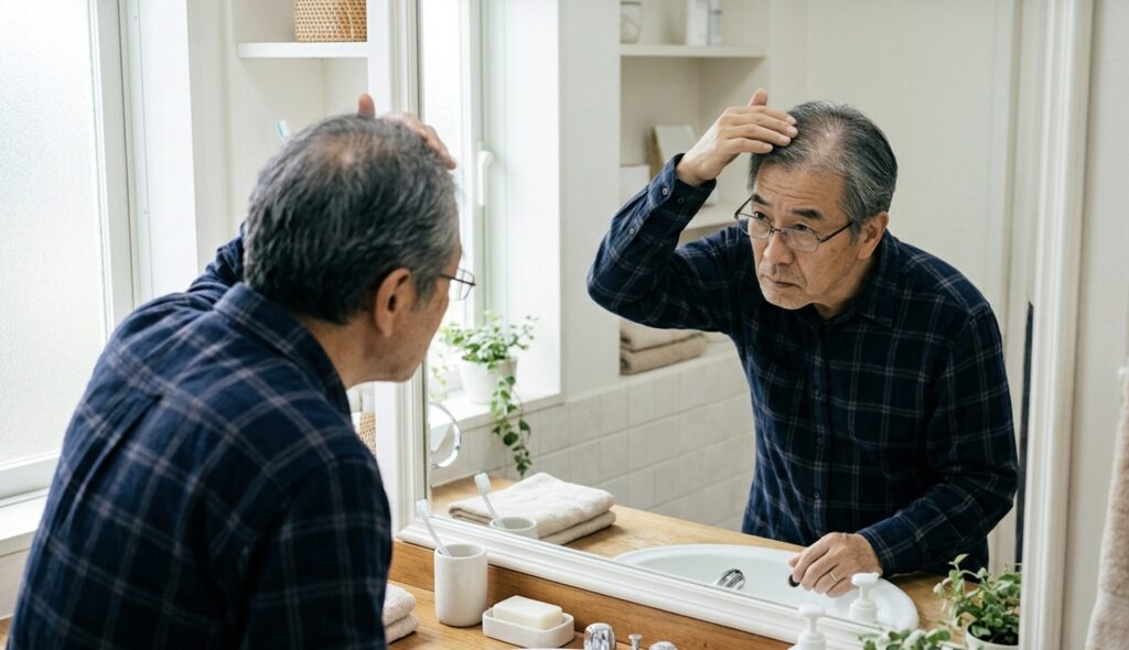 髪のボリュームを気にして鏡を見る60代男性