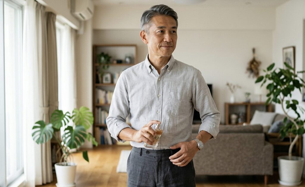 香水を腰のあたりに控えめにつける50代男性