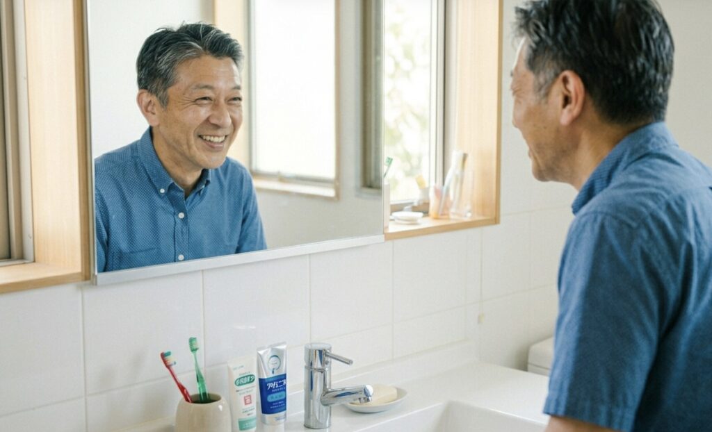 歯磨きを終えてさわやかに微笑む50代男性
