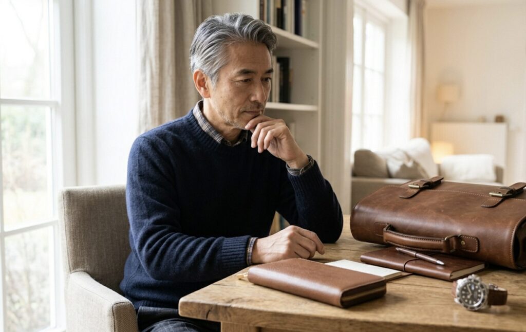 上質な小物を吟味して選ぶ60代男性