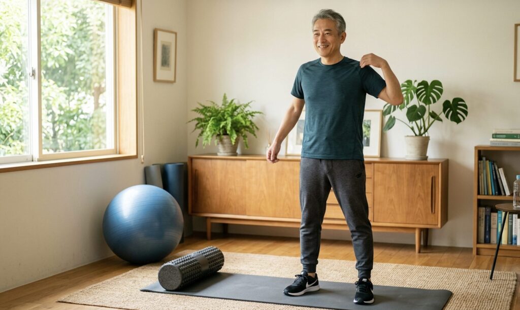 ストレッチポールやバランスボールで体幹を整える50代男性