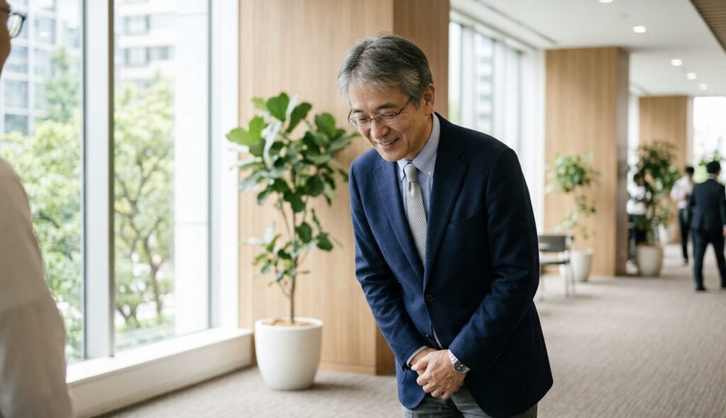 やわらかい表情で会釈する好印象な60代男性