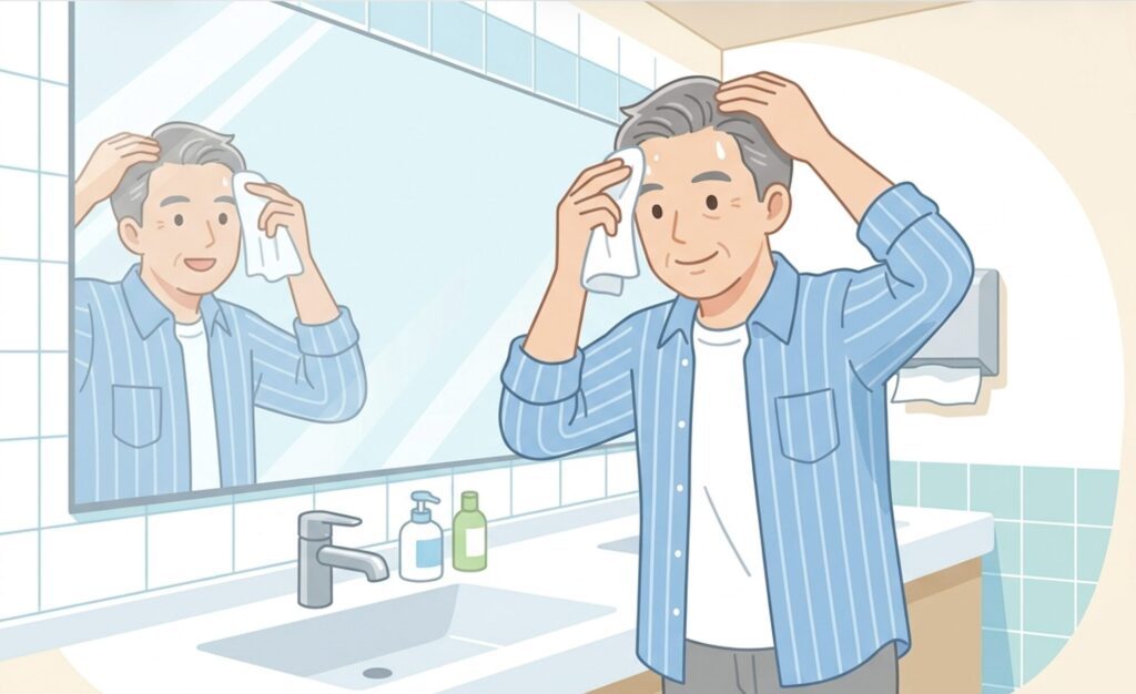 外出先で60代男性がハンカチで汗を押さえ髪の根元を整えている様子のイラスト