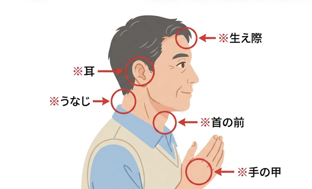 日焼け止めを塗り忘れやすい部位（耳・うなじ・生え際・手の甲・首）を示した図解