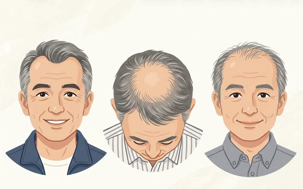60代男性の薄毛3タイプ（M字生え際・頭頂部つむじ・全体）の見分け方イラスト